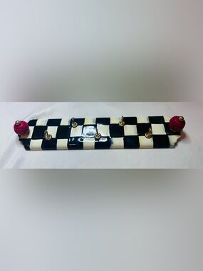 MacKenzie-Childs Black and White Checkerboard Wall Hook Rack with Pink Finials